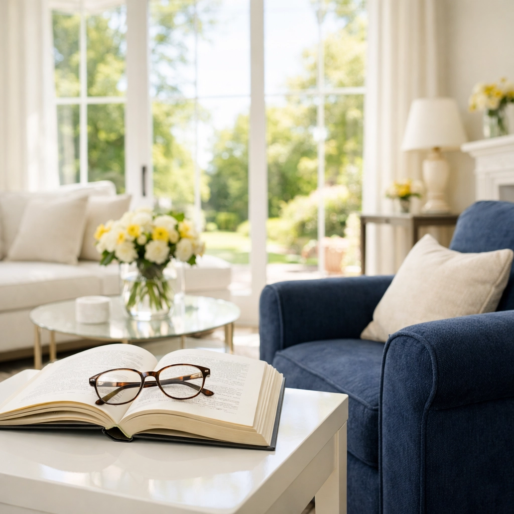 Pristine Wellesley living room with a book on a side table, showing a peaceful home after professional cleaning.