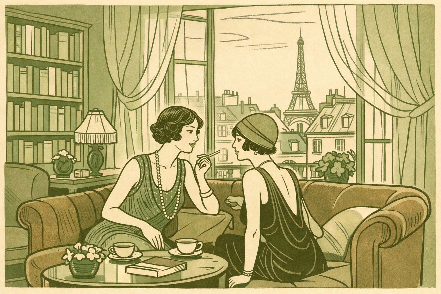 1920s Paris lesbian salon with two women in conversation, bookshelves and Paris rooftops visible