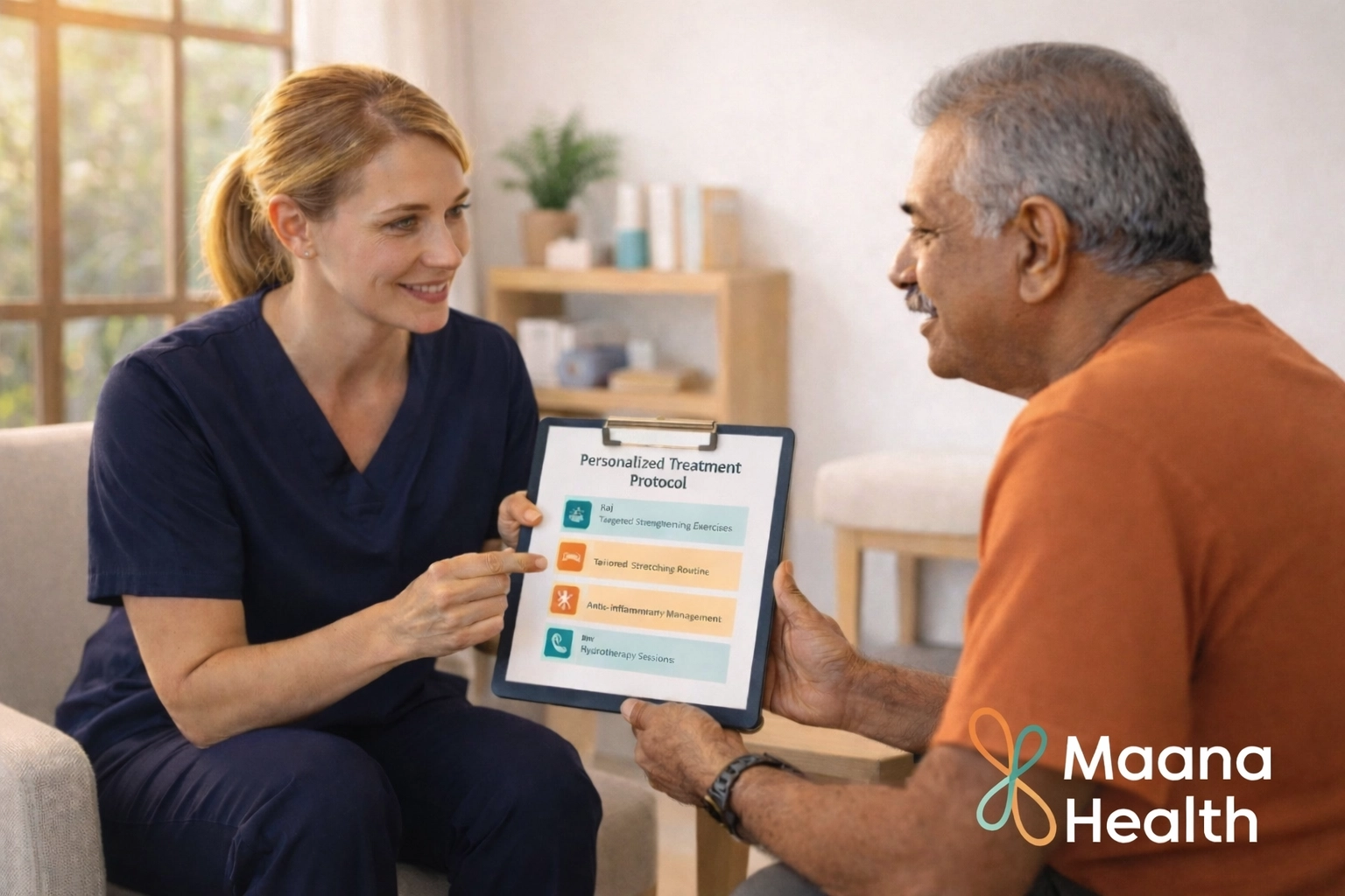 Physiotherapist and patient discussing a personalized joint pain treatment protocol at Maana Health Kozhikode.
