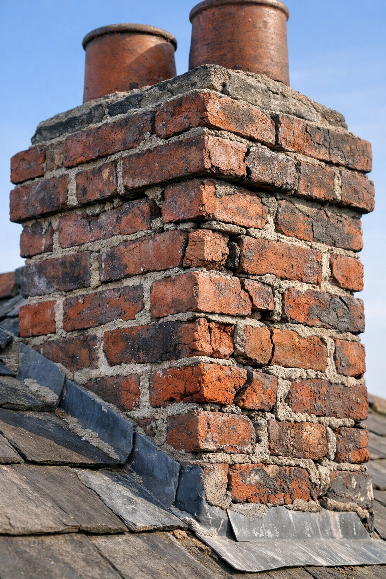 Damaged chimney stack showing deteriorating mortar joints requiring roof survey inspection