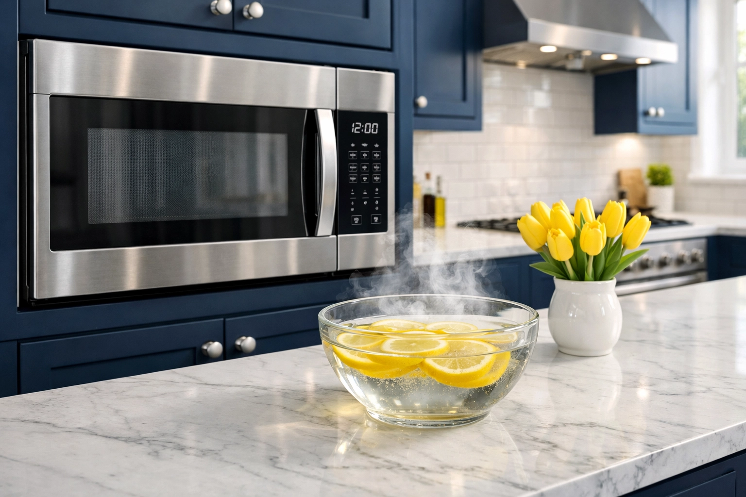 Eco-friendly kitchen cleaning hack using steam and lemons in a Worcester apartment microwave.