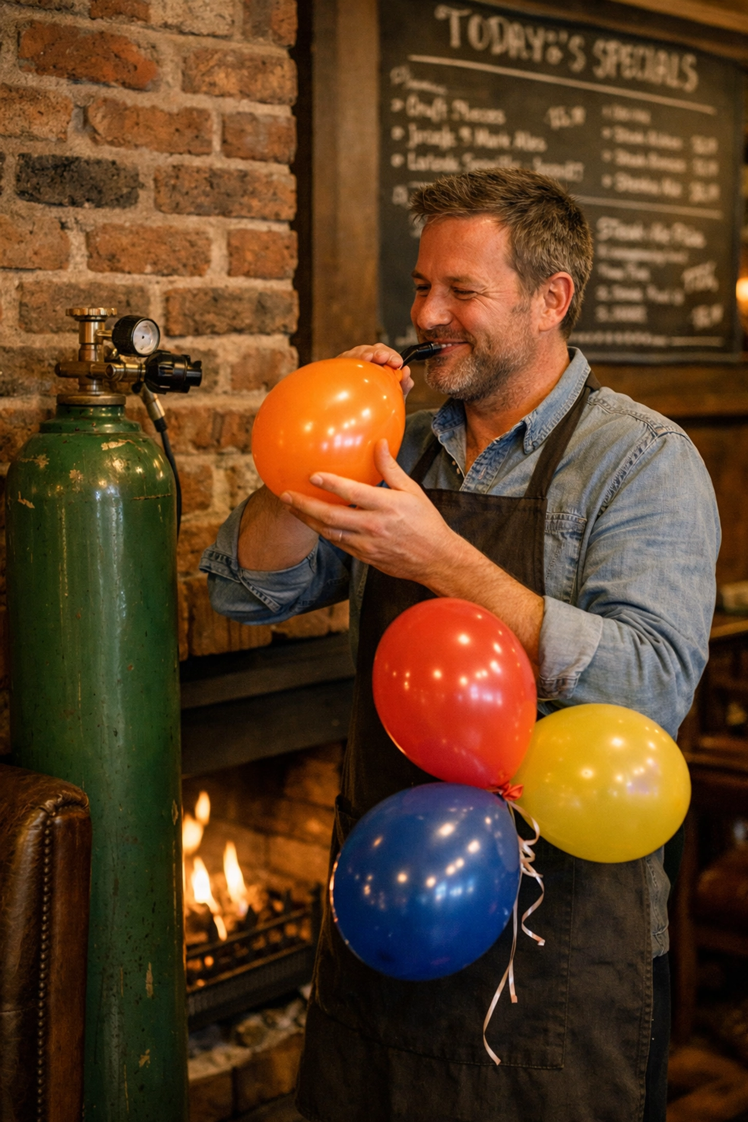 Pub manager inflating party balloons with a refillable helium tank in a cozy gastro-pub setting.