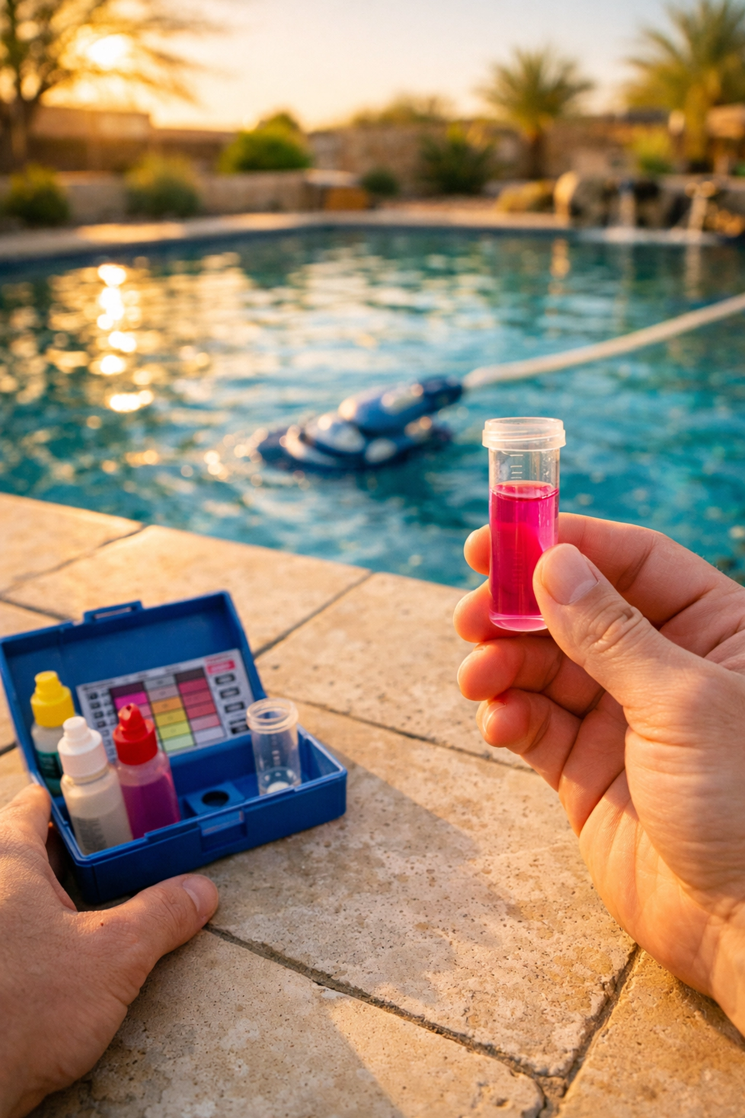 Homeowner performing DIY pool water testing in Queen Creek, Arizona, to ensure safe chemistry for the spring season.