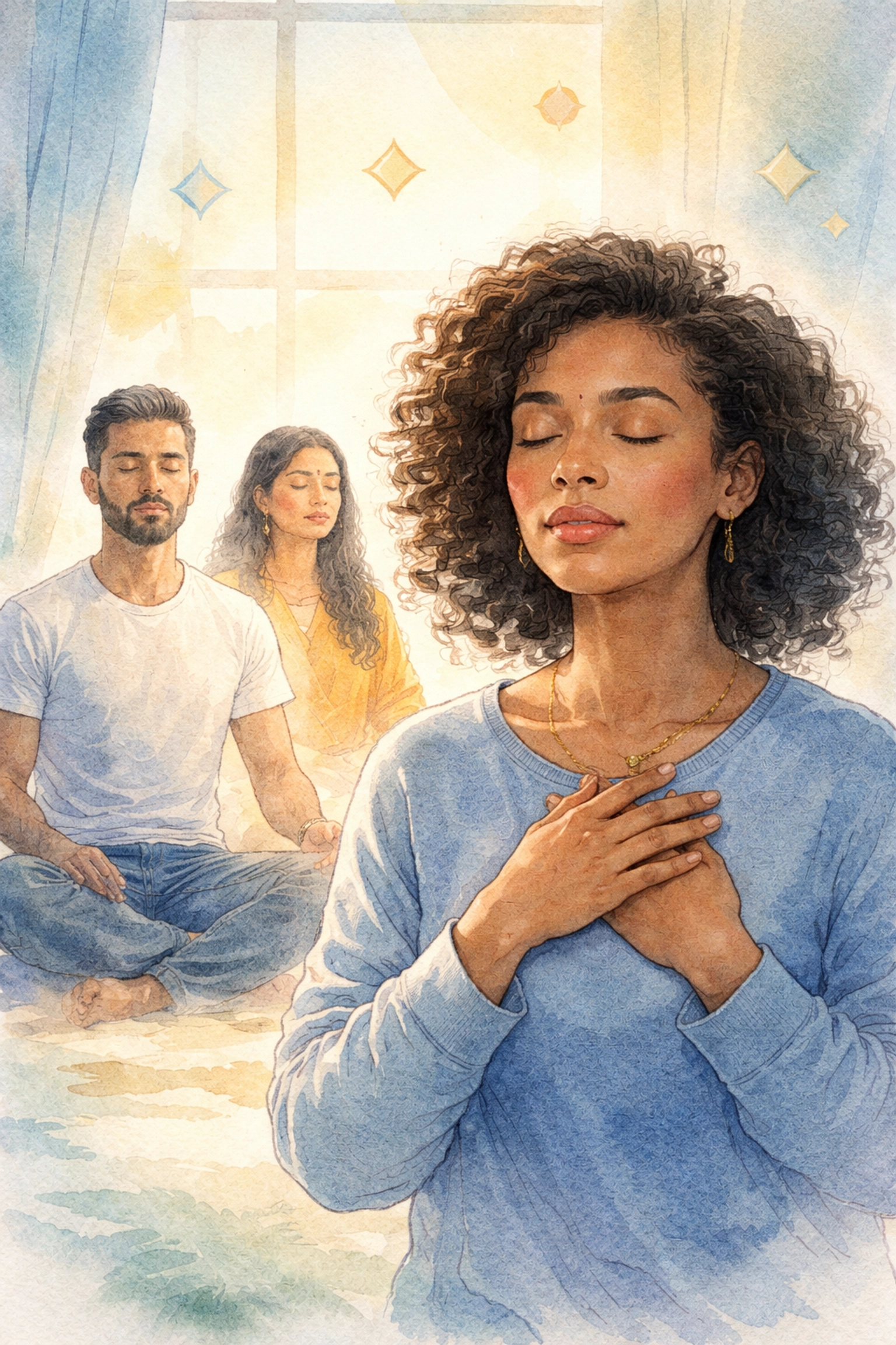 Diverse people pausing in peaceful reflection, illustrating seeking wisdom in daily life decisions