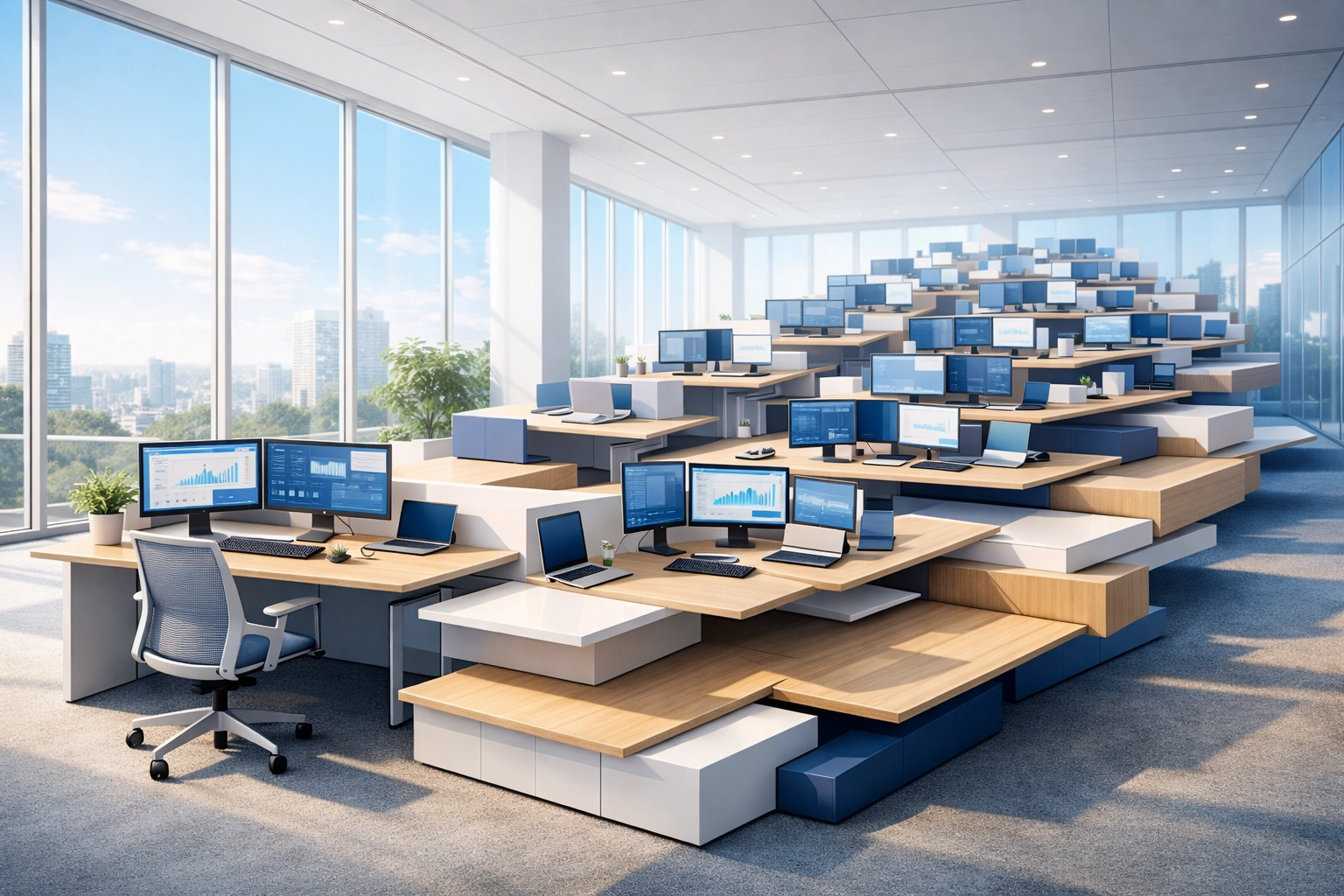 Modern office workstations representing scalable cloud call center solutions for Canadian businesses.