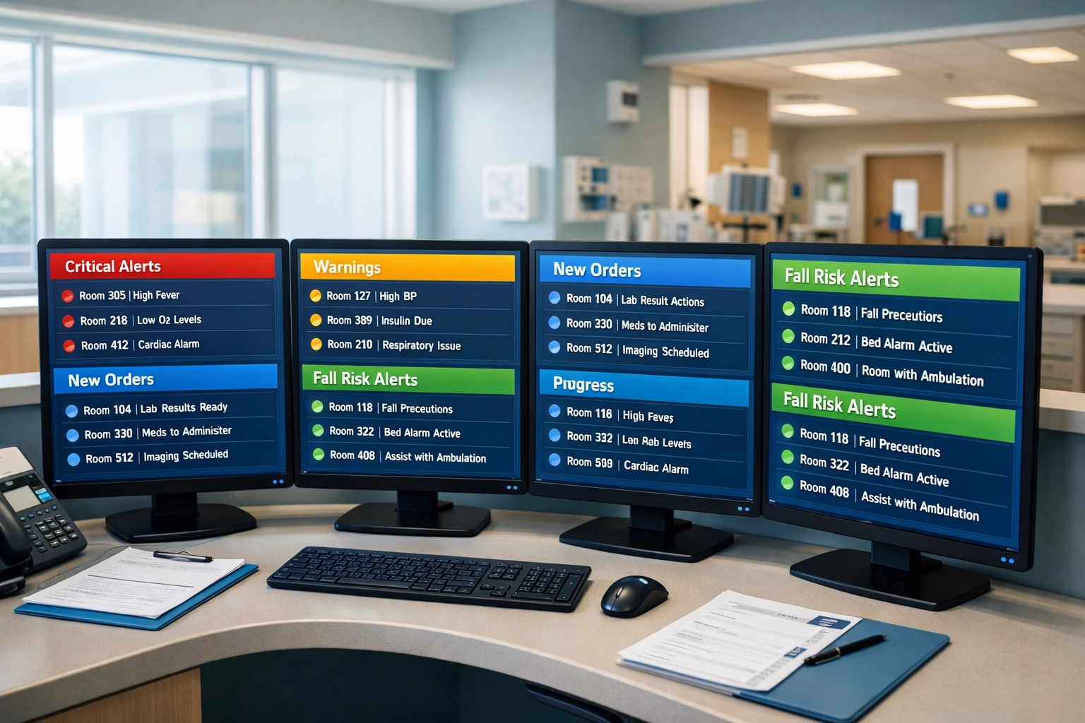 Standardized patient alert dashboards displayed on hospital monitoring screens showing organized risk data