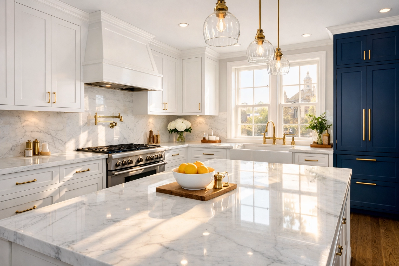 Pristine luxury kitchen with marble countertops following professional deep cleaning in Cambridge MA.