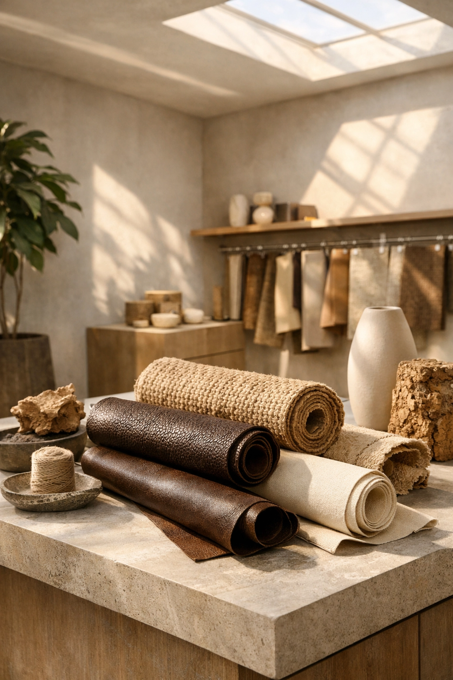 Sustainable fashion textiles and biodegradable luxury materials in a showroom, highlighting green business trends.