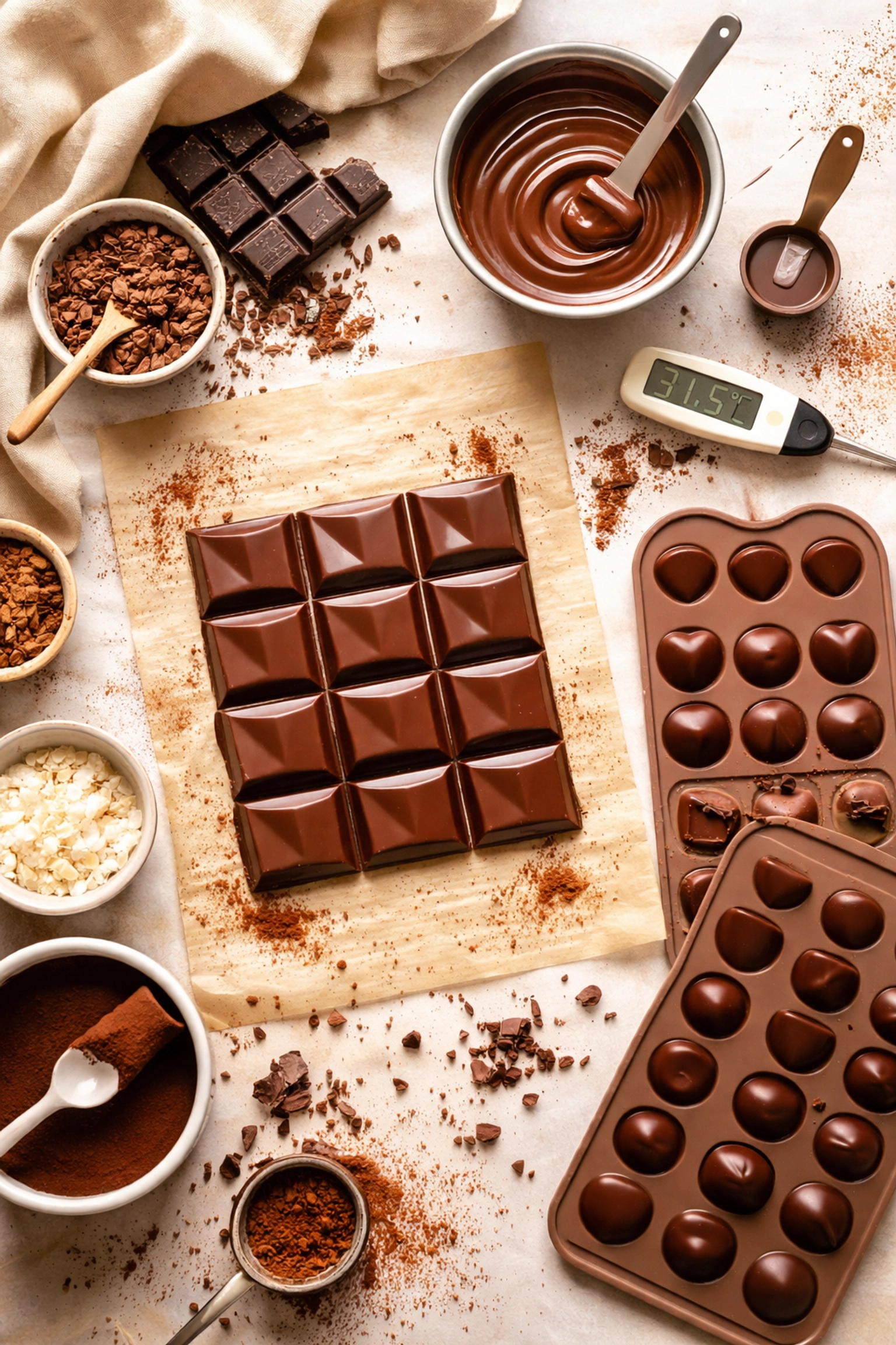 Home chocolate-making tools and molds arranged on a workspace, emphasizing the art of handcrafted chocolate.