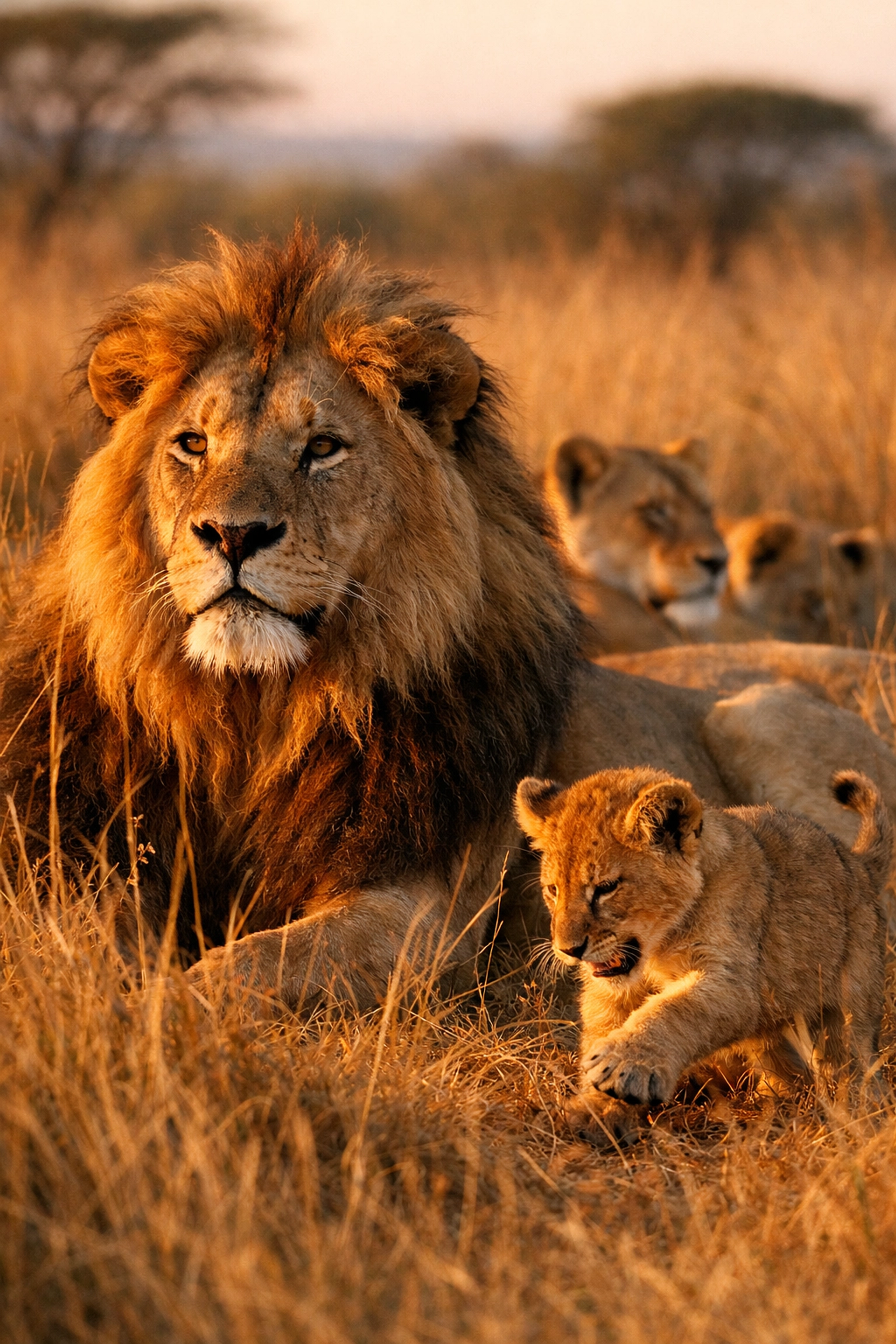 A majestic lion and cub resting in tall grass, representing real-time wildlife photography and species spotlights.