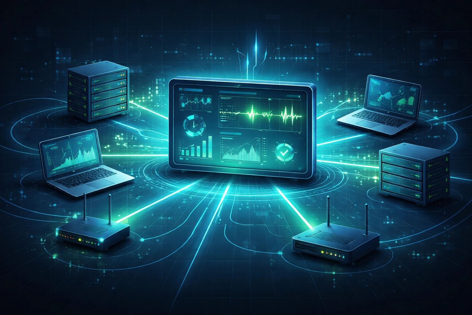 Central dashboard monitoring connected computers and servers, illustrating 24/7 IT monitoring for Michigan businesses