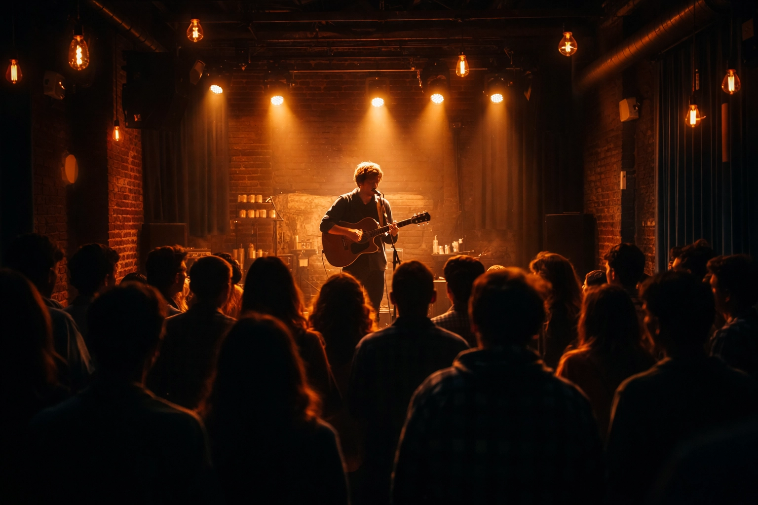 Intimate Seattle music venue at night with indie musician performing to a small crowd, live music discovery vibe
