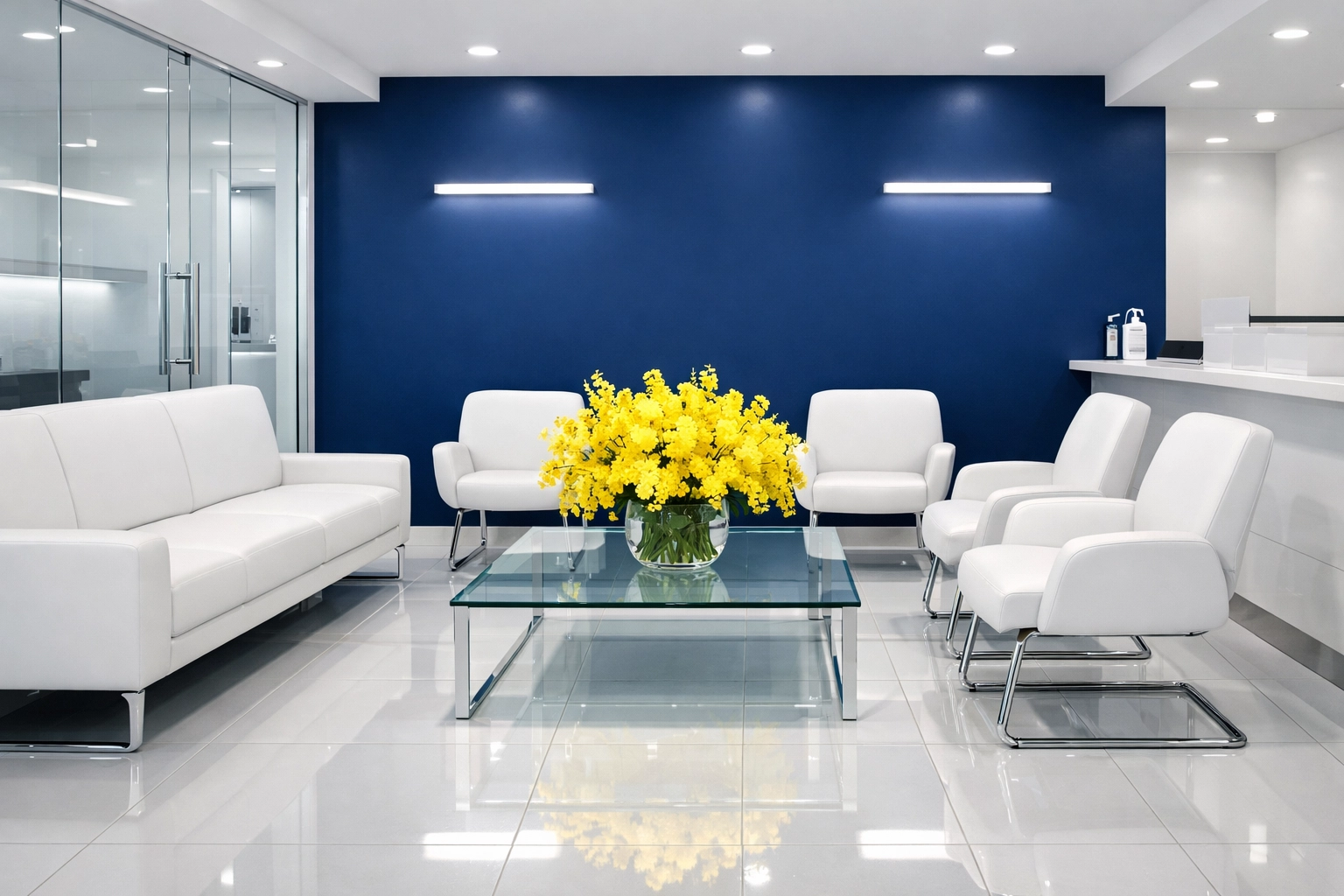 Spotless medical office waiting room in Pembroke sanitized with hospital-grade commercial cleaning products.