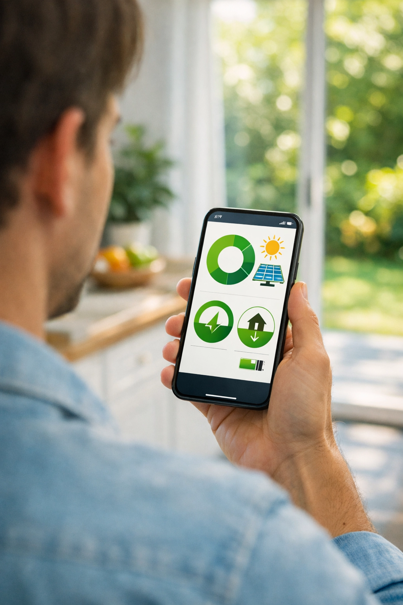 Homeowner using a mobile app to monitor solar energy usage and manage home energy independence in a modern kitchen.