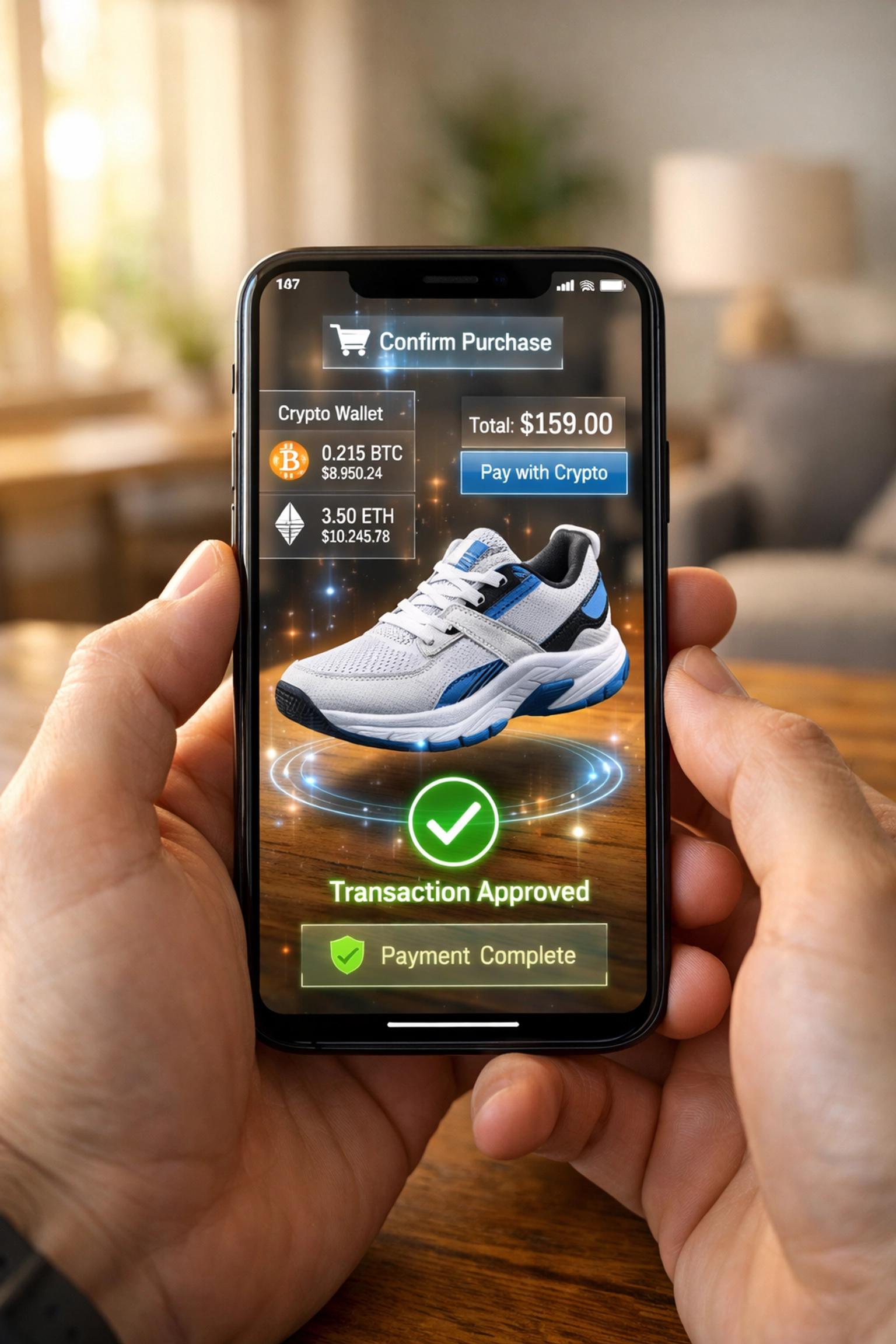 AR shopping experience showing virtual sneaker with crypto wallet payment on smartphone screen