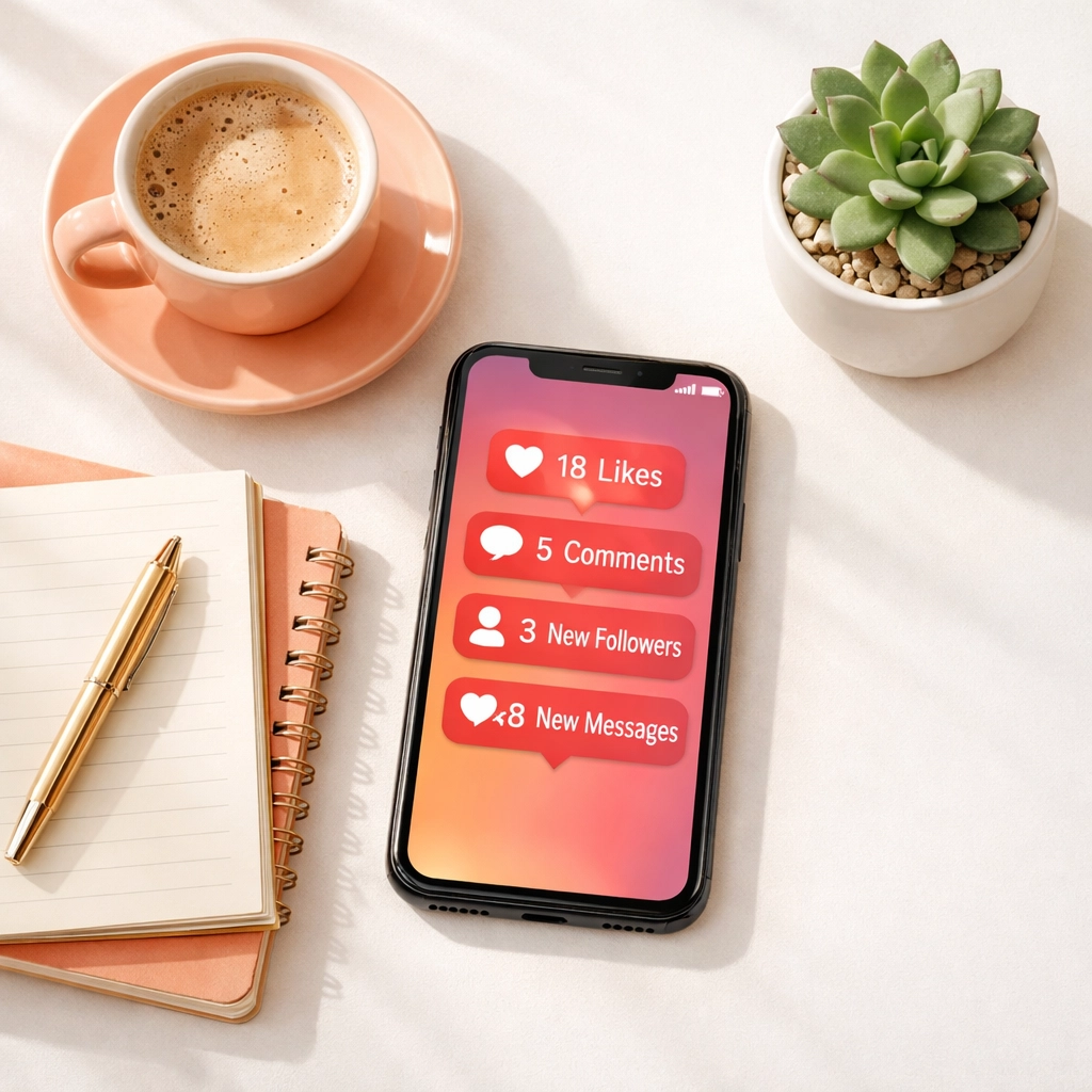 Instagram notifications on smartphone with coffee and notebook showing social media engagement tracking