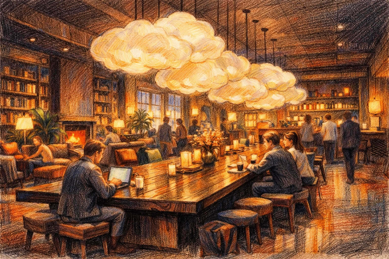 Contemporary lifestyle hotel lobby with a communal table and warm, cloud-like pendant lights.