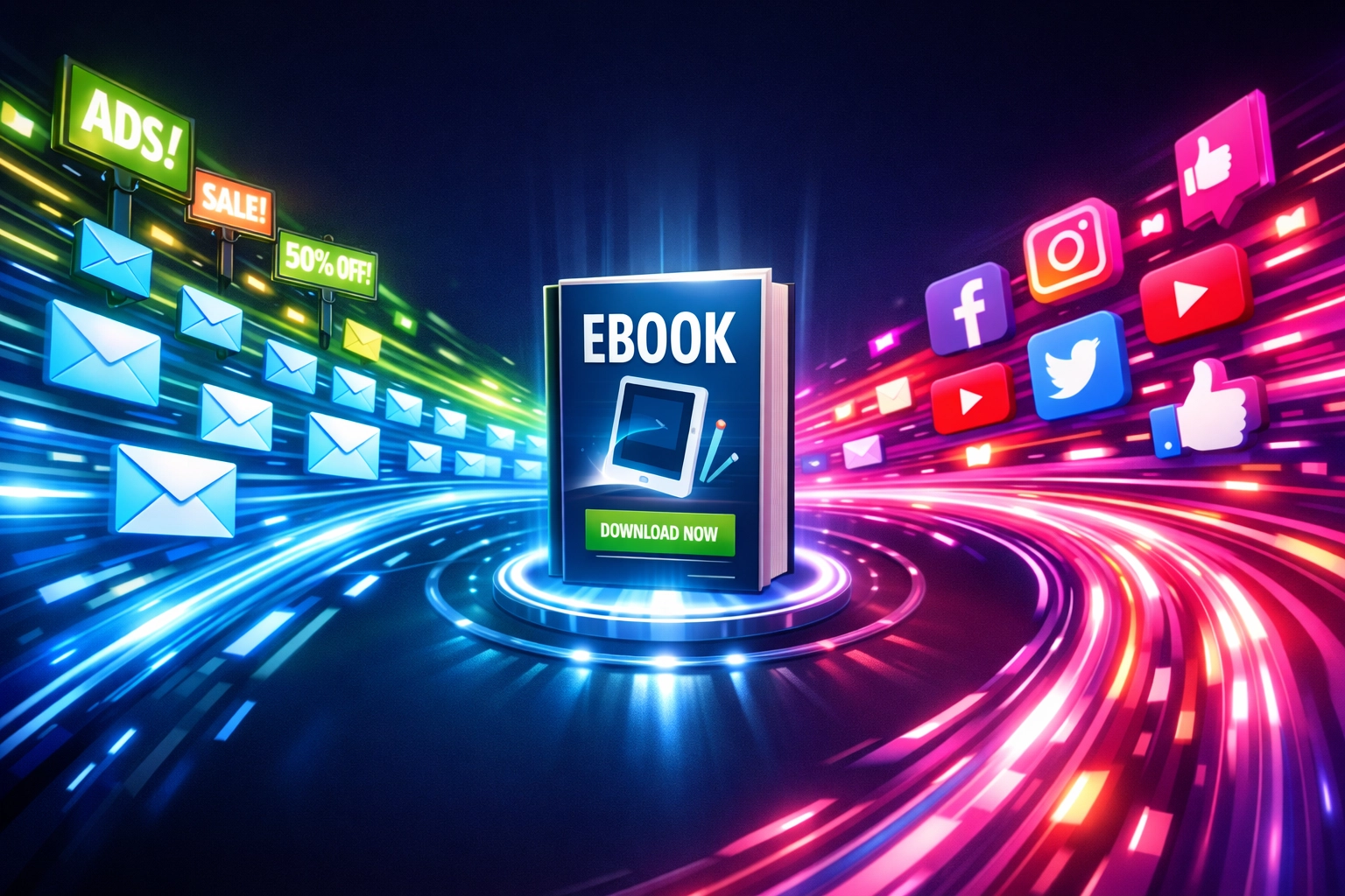 Multiple marketing channels including email and social media converging toward ebook product