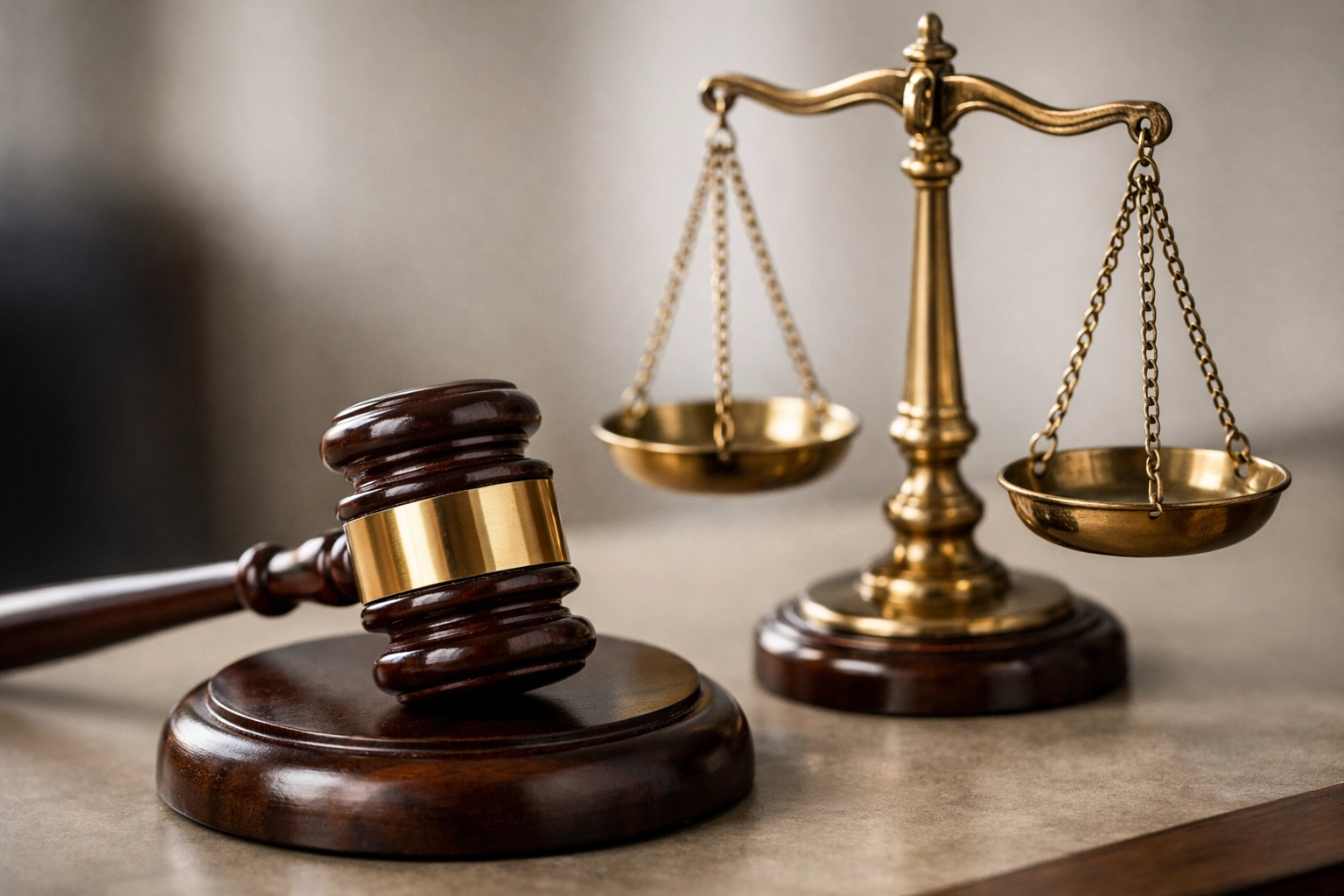 Polished wooden gavel and brass scales of justice on a clean neutral desk