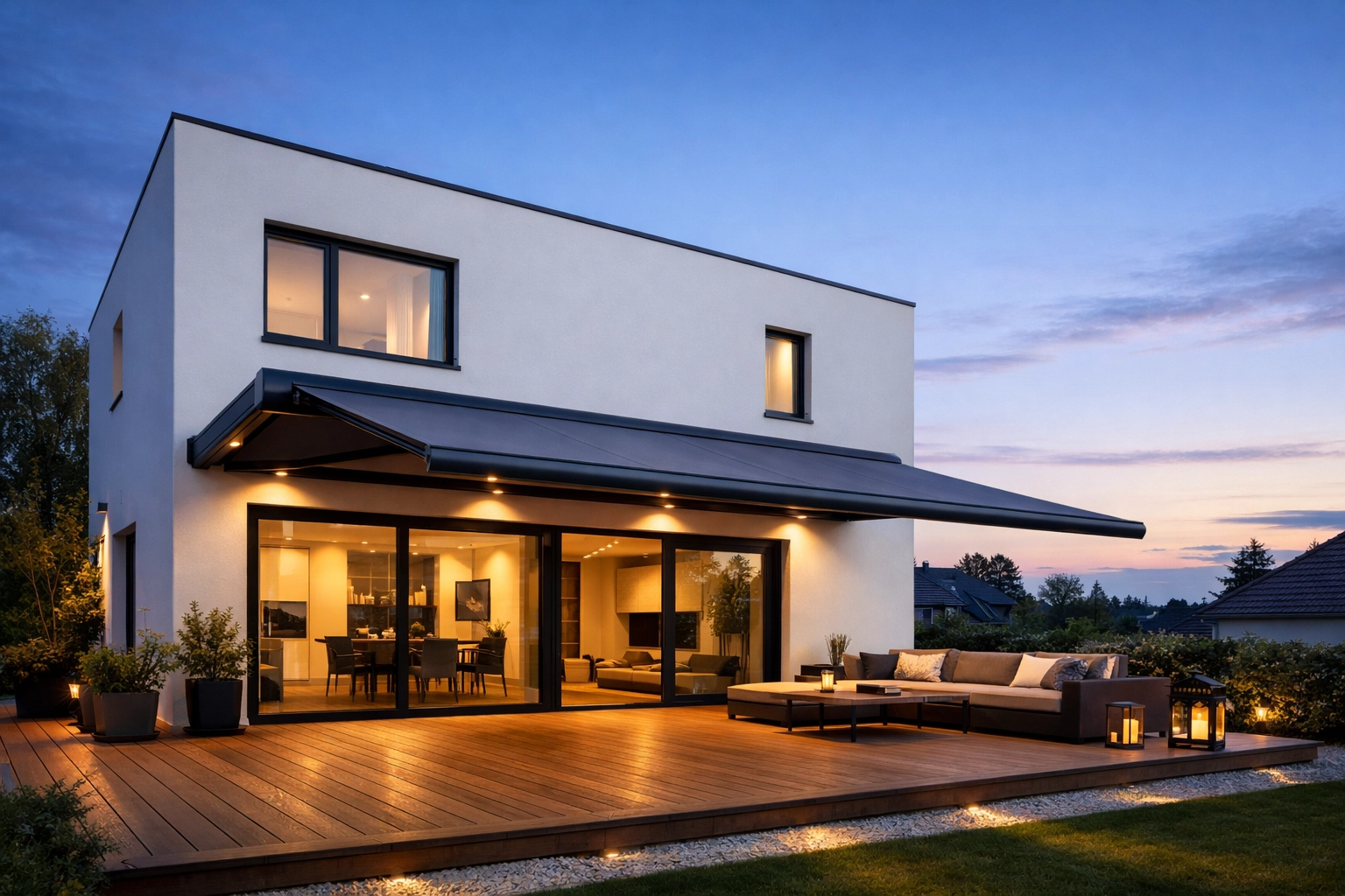 Elegante Kassettenmarkise nach Maß über einer Holzterrasse an einem modernen Haus in Wien.