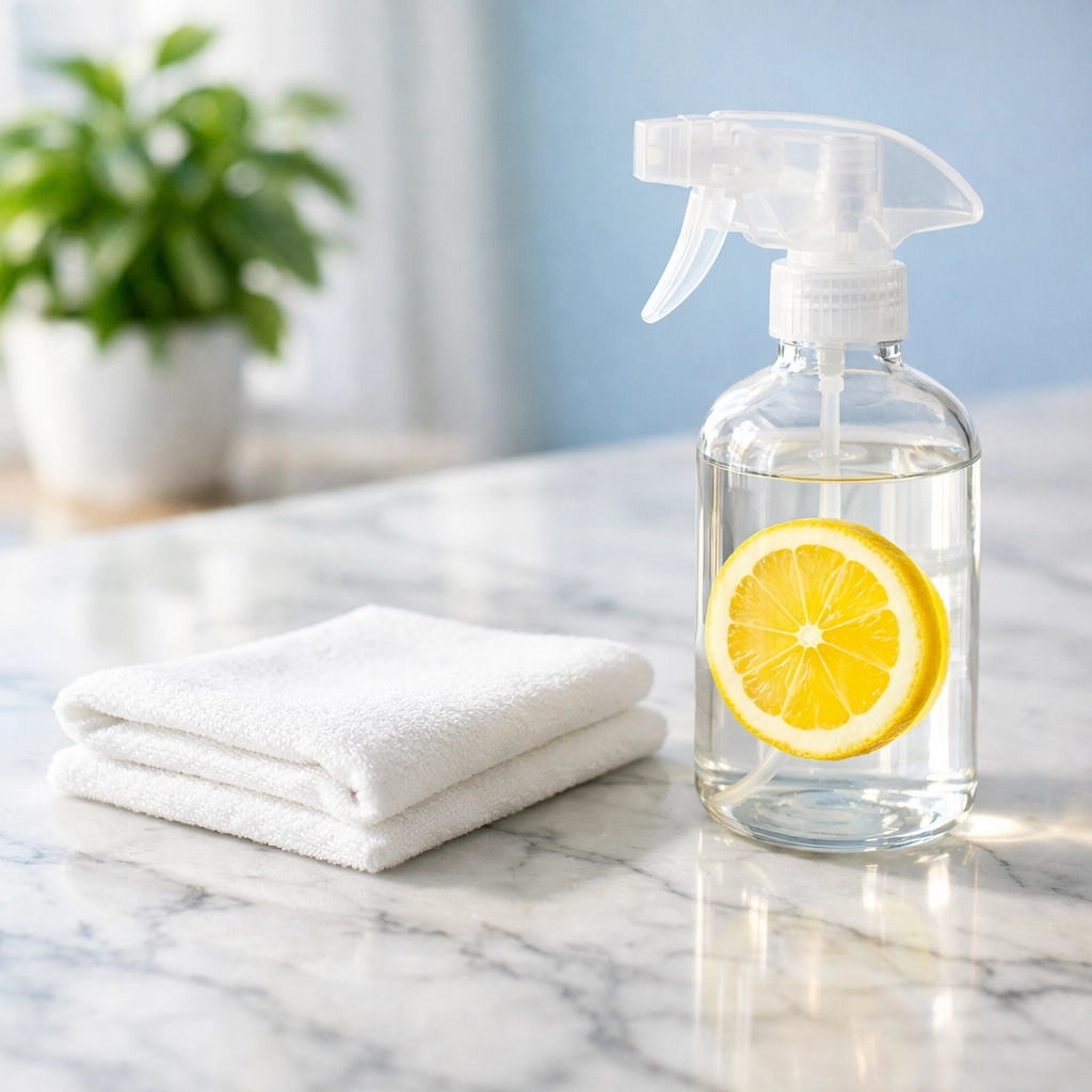 Eco-friendly house cleaning in Duxbury MA with non-toxic products on a marble kitchen island.