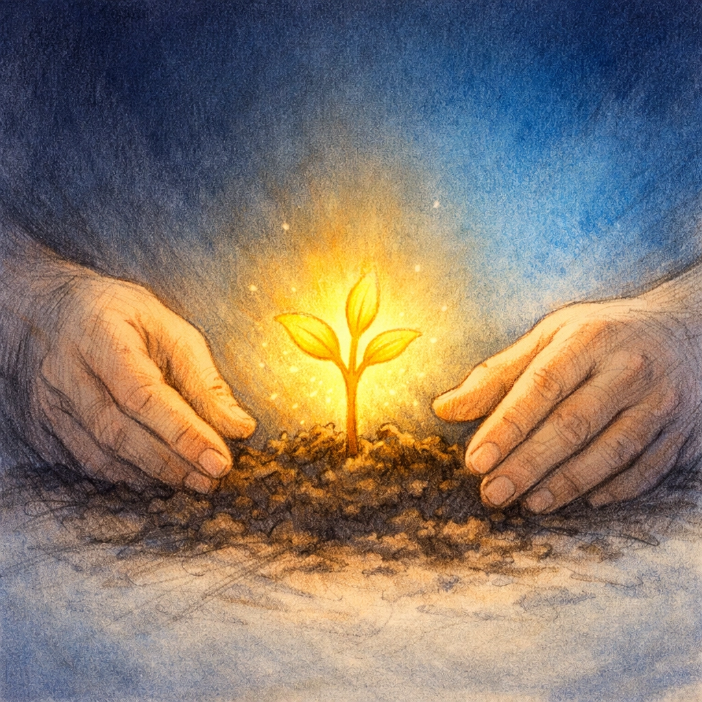 Hands nurturing a golden seedling, symbolizing stewardship by Dr. Layne McDonald - www.laynemcdonald.com