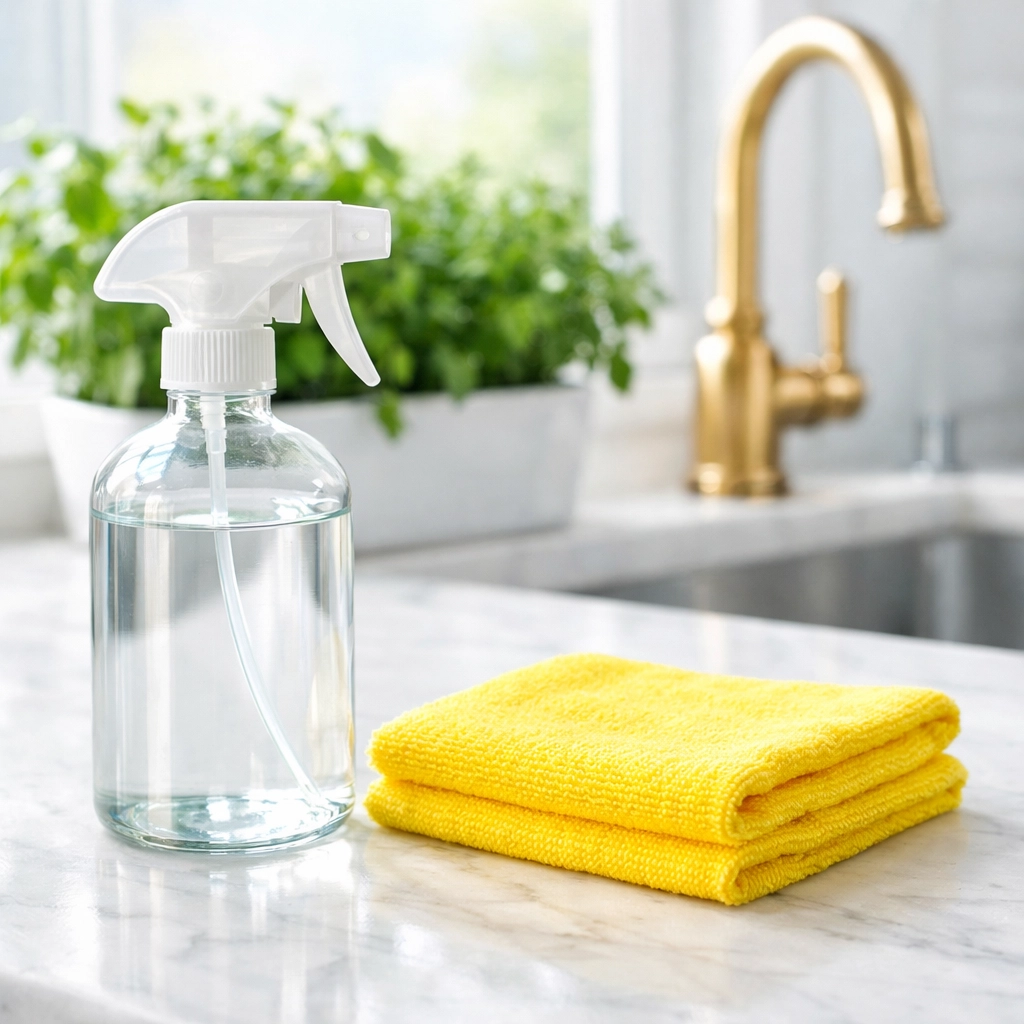 Eco-friendly cleaning supplies and non-toxic sprays on a white marble kitchen counter in Hamilton.