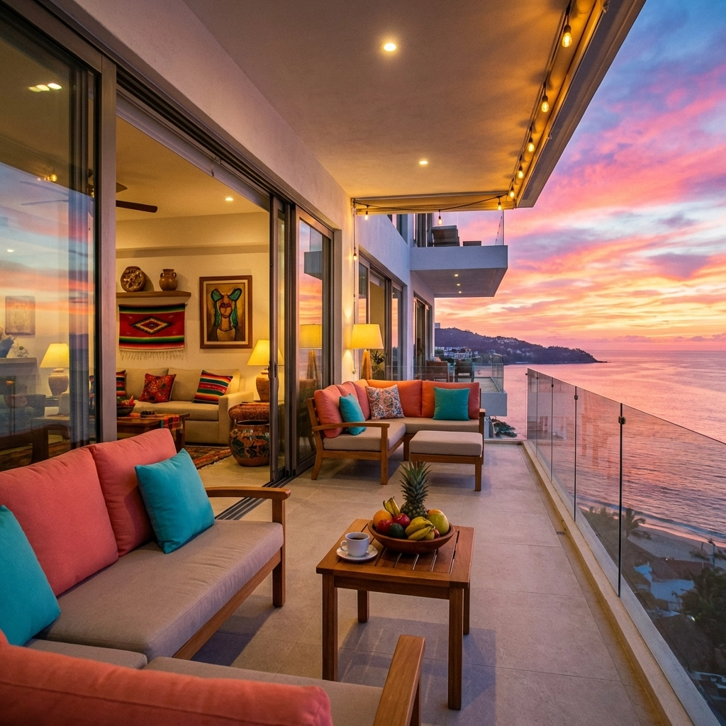 Modern condo balcony in Zona Romántica overlooking Banderas Bay at sunset, perfect for Puerto Vallarta condo rentals.