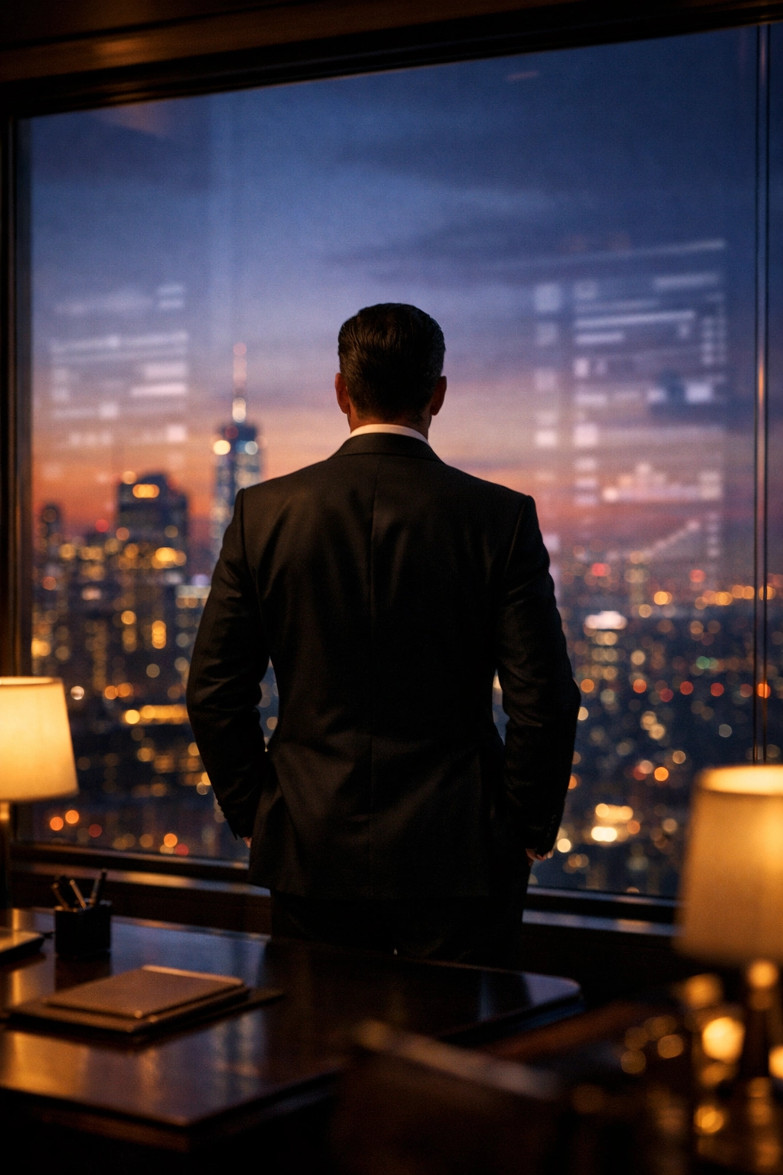 Hotel executive overseeing a city skyline, symbolizing strategic hospitality management and tech scaling.