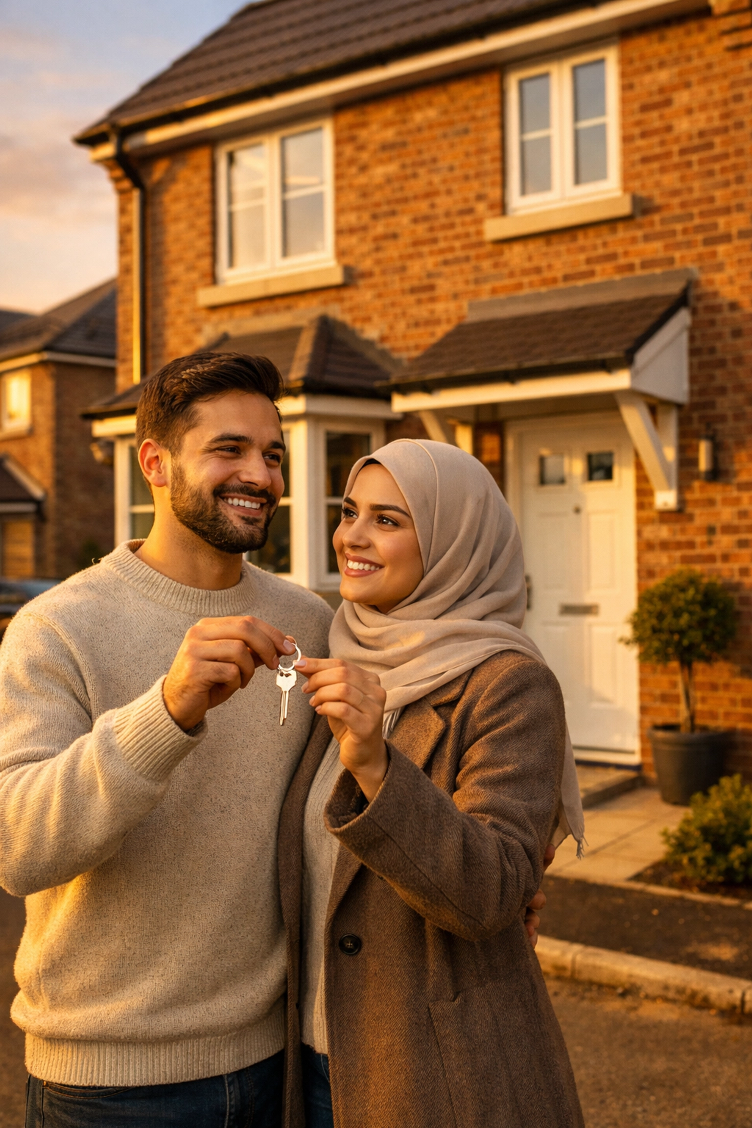 A Muslim couple holding a key in front of their new UK home bought through Islamic finance.