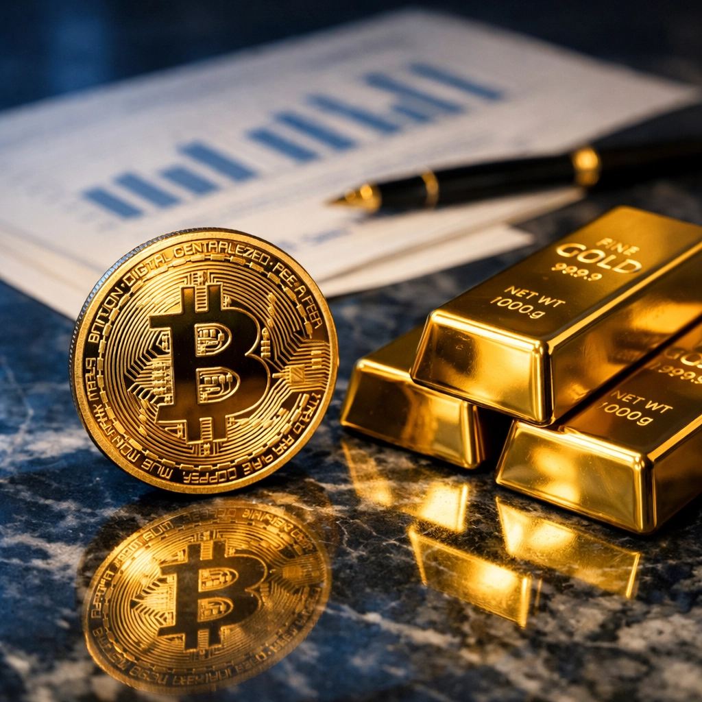 Bitcoin and gold bars representing institutional alternative asset allocation for portfolios