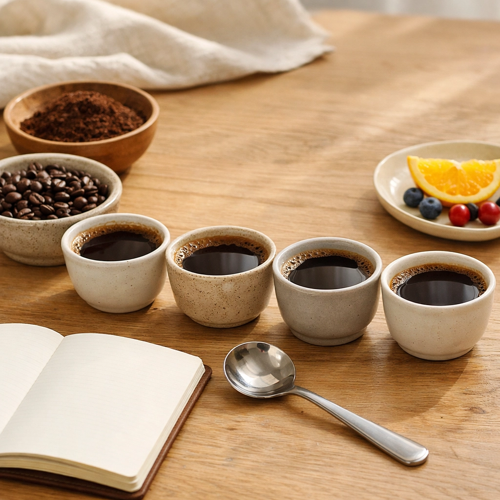 Home coffee cupping setup with ceramic tasting cups and single origin beans to compare flavours