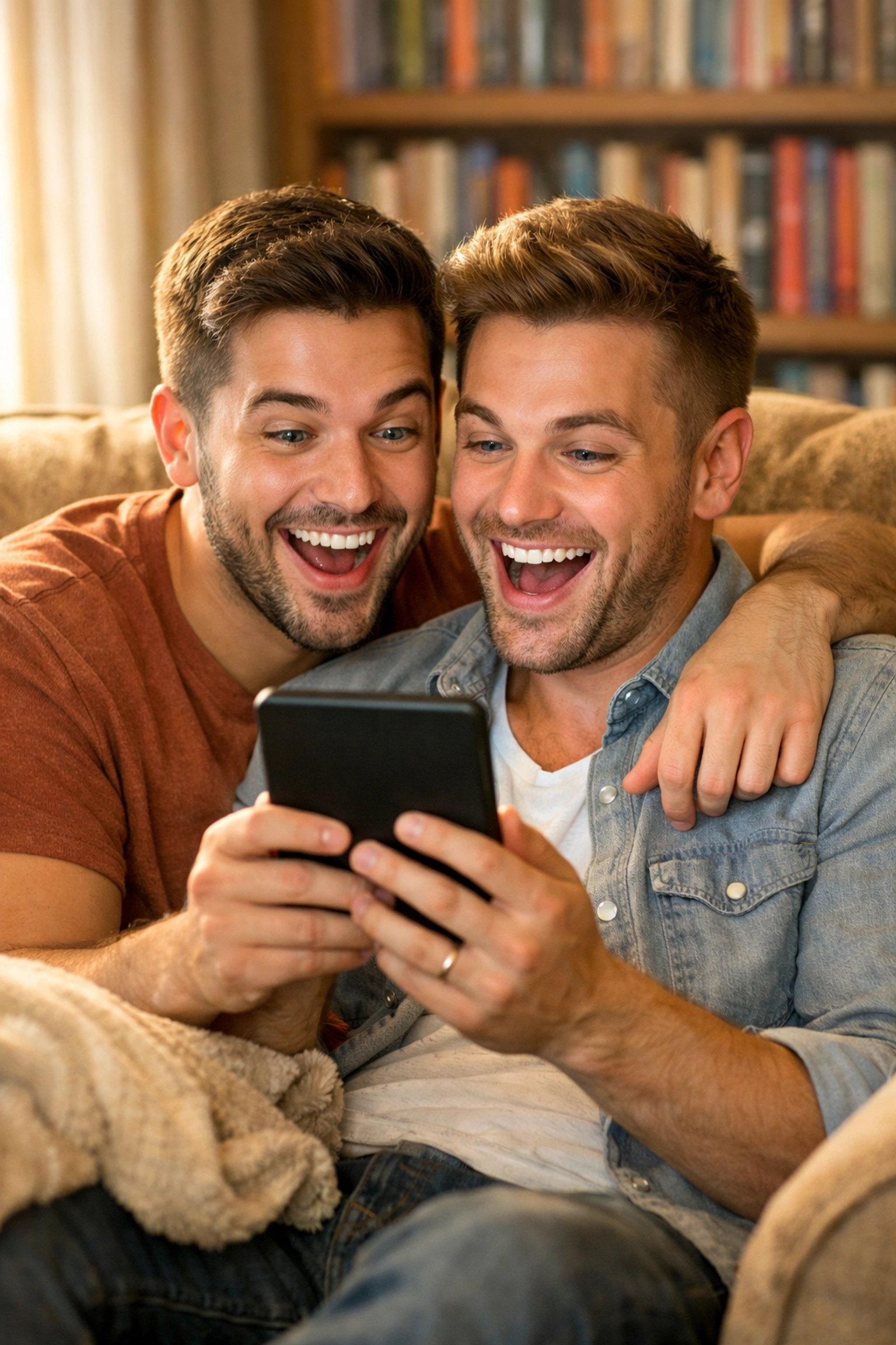 A gay couple excitedly reading a new MM romance book on an e-reader in their home library.