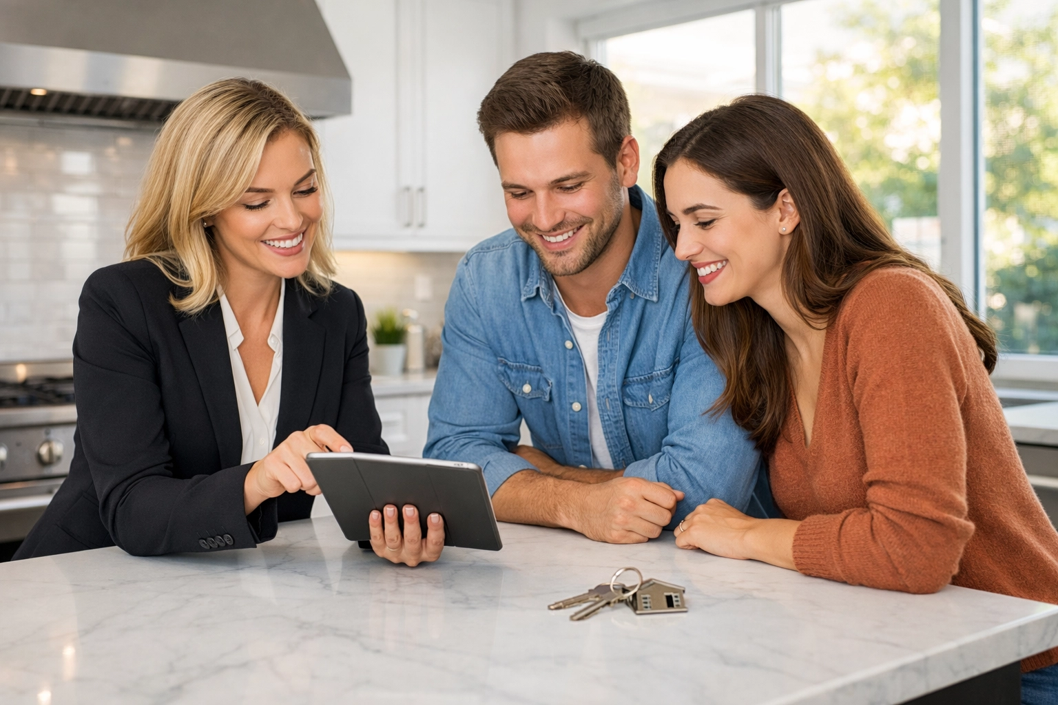Denver buyers and real estate agent celebrating a successful home negotiation in a bright modern kitchen.