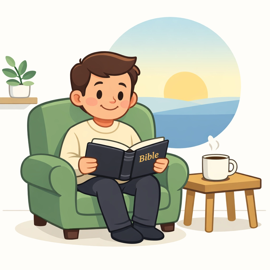 Illustration of a man starting a Bible reading habit at home, a key part of Bible study in Green River, WY.