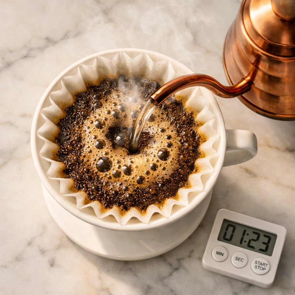 Coffee bloom phase in V60 dripper with bubbling grounds releasing CO2