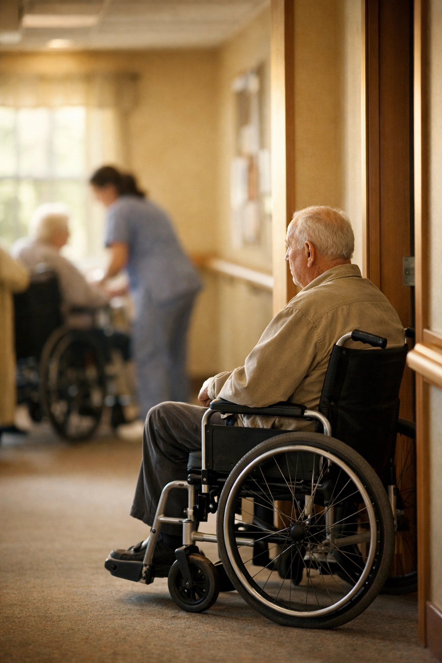 Senior in wheelchair waiting for caregiver assistance in assisted living