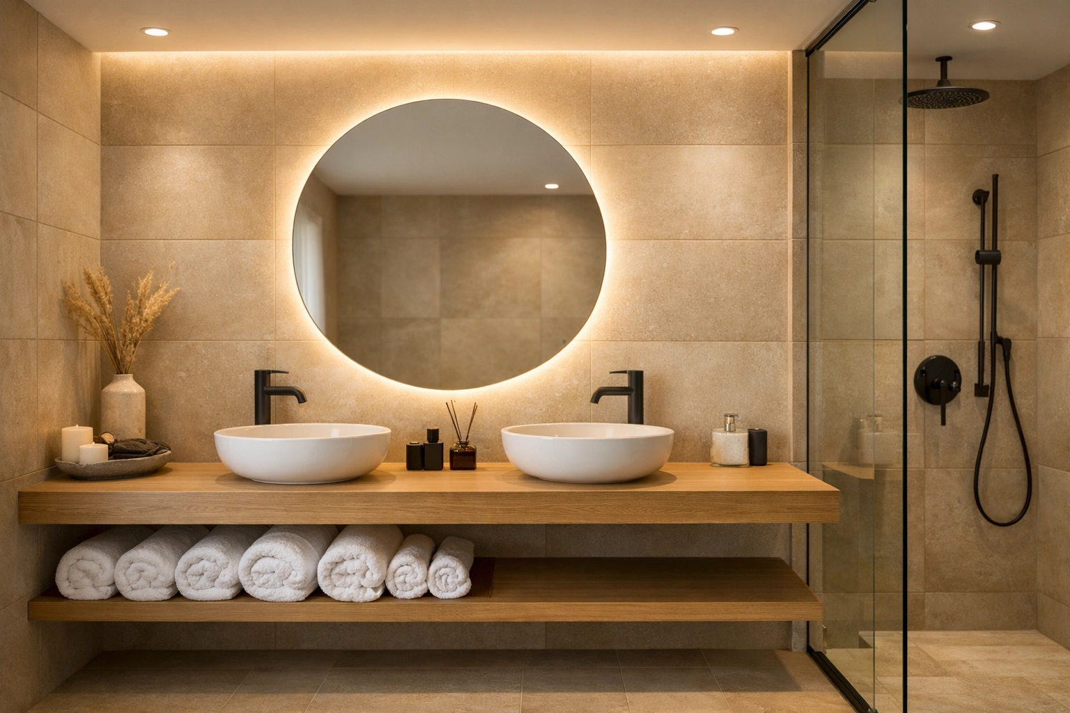 Luxury bathroom renovation Orlando with warm neutral porcelain tiles and a floating light-wood vanity.