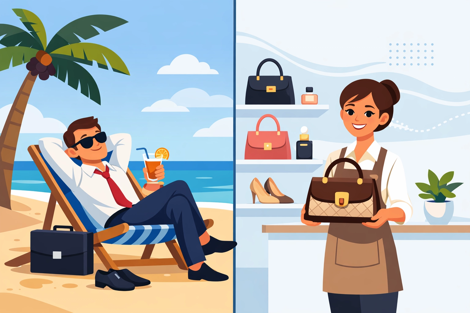 Split-screen illustration of a resale shop owner on vacation and staff managing a luxury boutique.