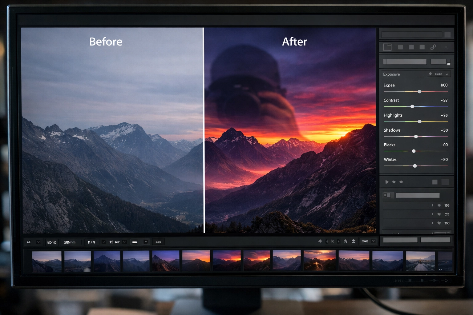 Before and after landscape comparison on a high-res monitor demonstrating the power of personalized AI editing.