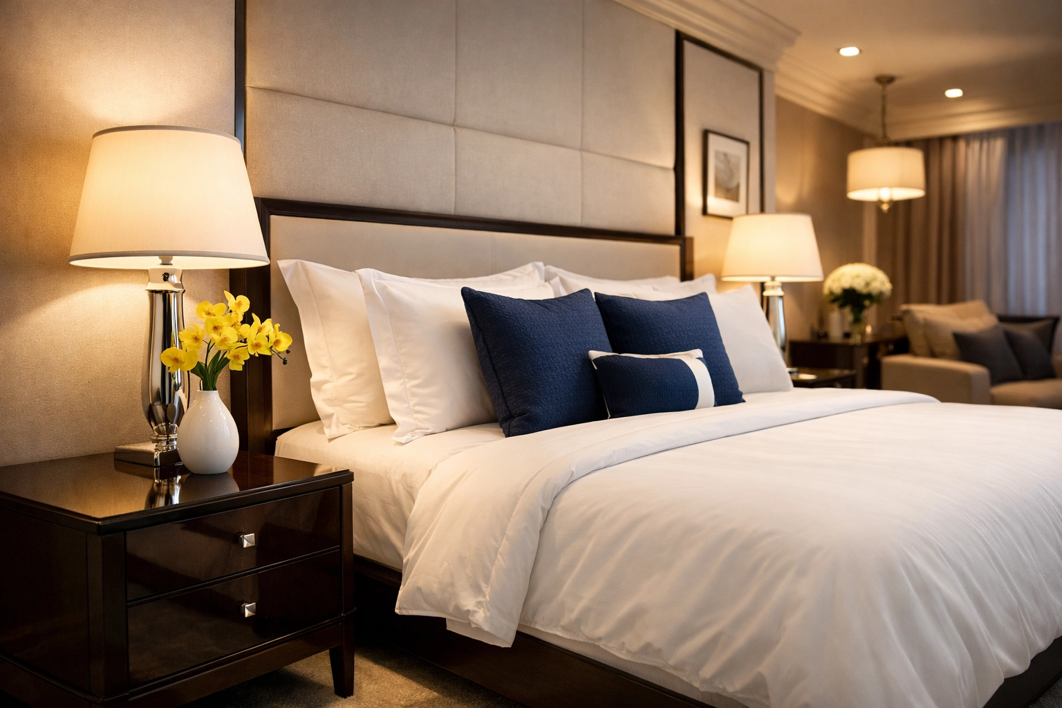 Luxurious dust-free bedroom suite illustrating the benefits of professional apartment cleaning and mental focus.