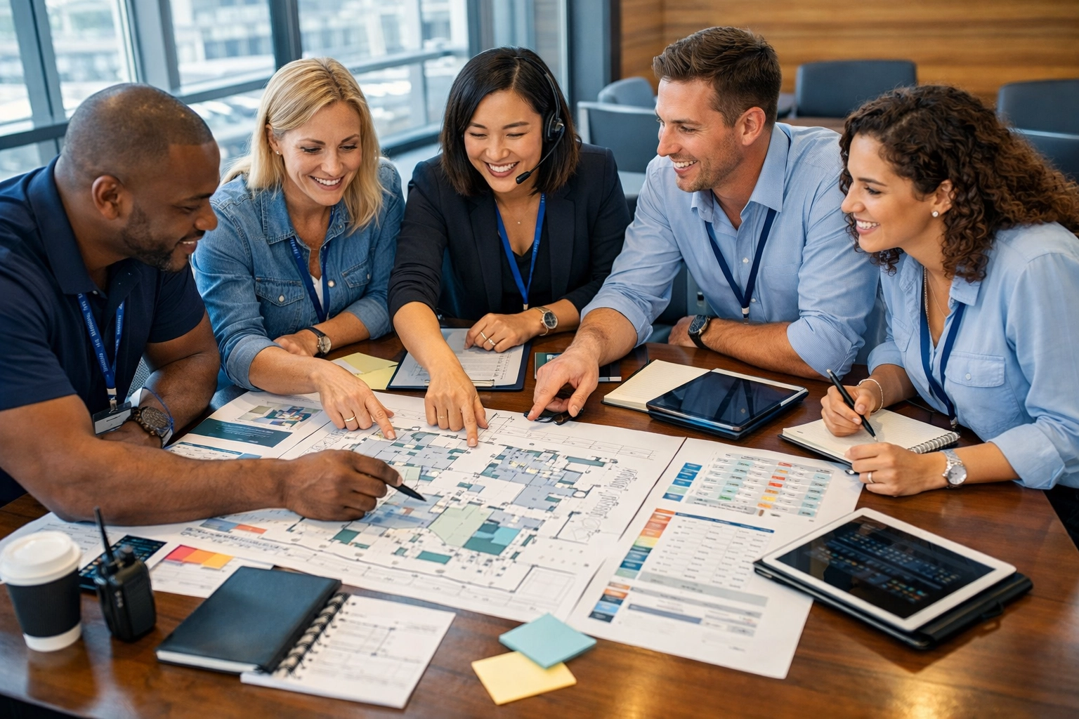 Sports event production team planning activation strategy with venue layouts and event timelines