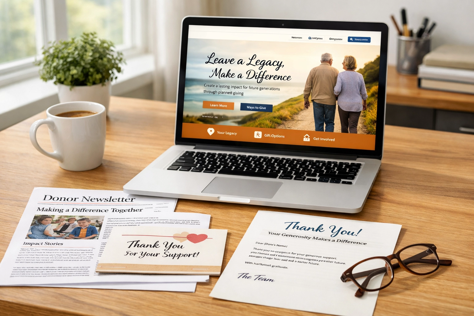 Nonprofit workspace with legacy giving website and donor communications materials on desk
