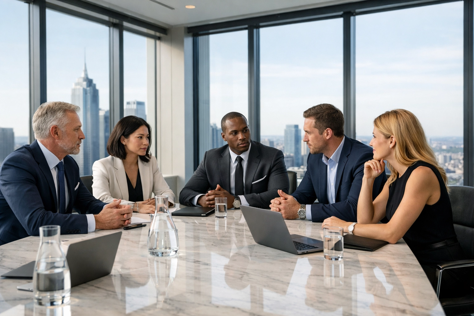 Professionals in a corporate boardroom meeting discussing strategic global scaling with Dakdan Consulting.