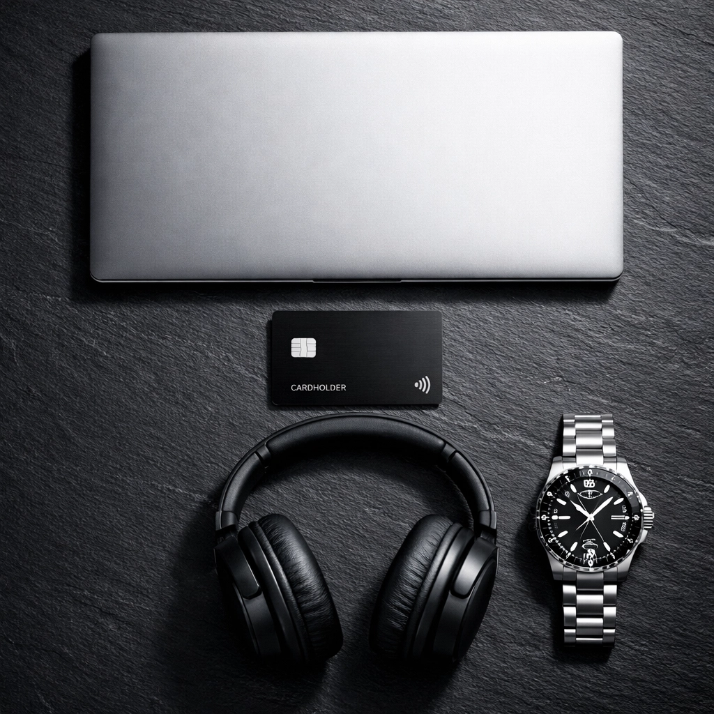 Laptop, travel card, and headphones arranged as a professional business travel automation toolkit.