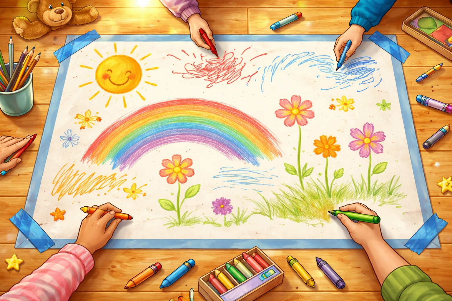 Top view of a large paper mural taped to the floor with kids' hands coloring flowers and rainbows