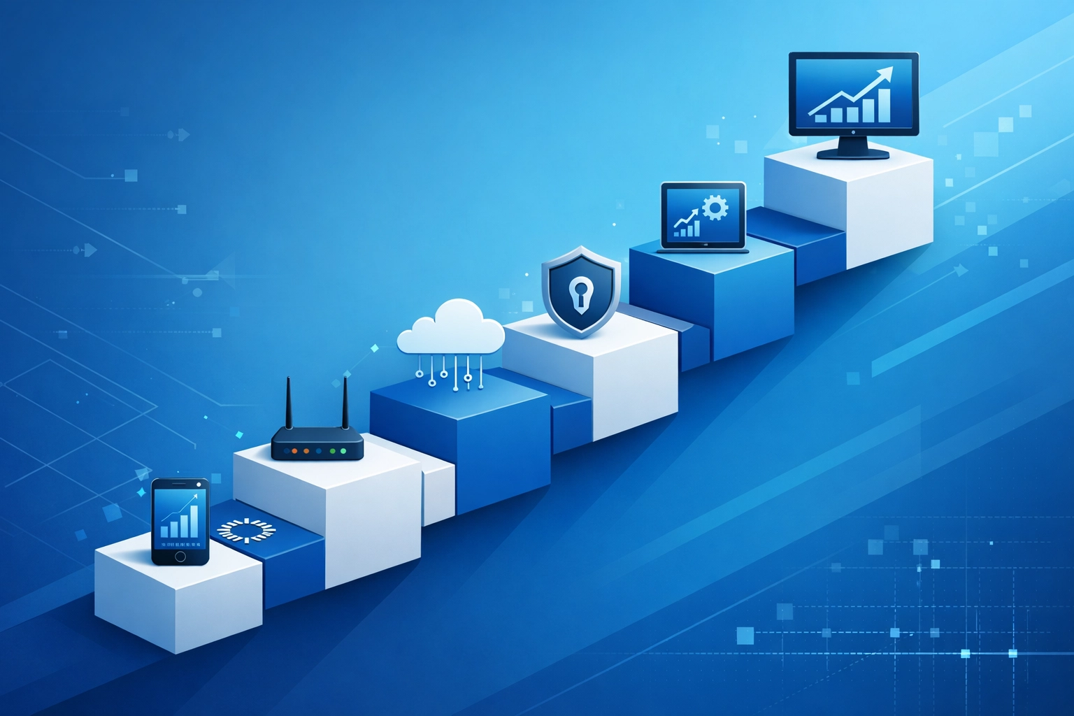 Ascending tech blocks showing how managed IT services help scale business infrastructure and technology