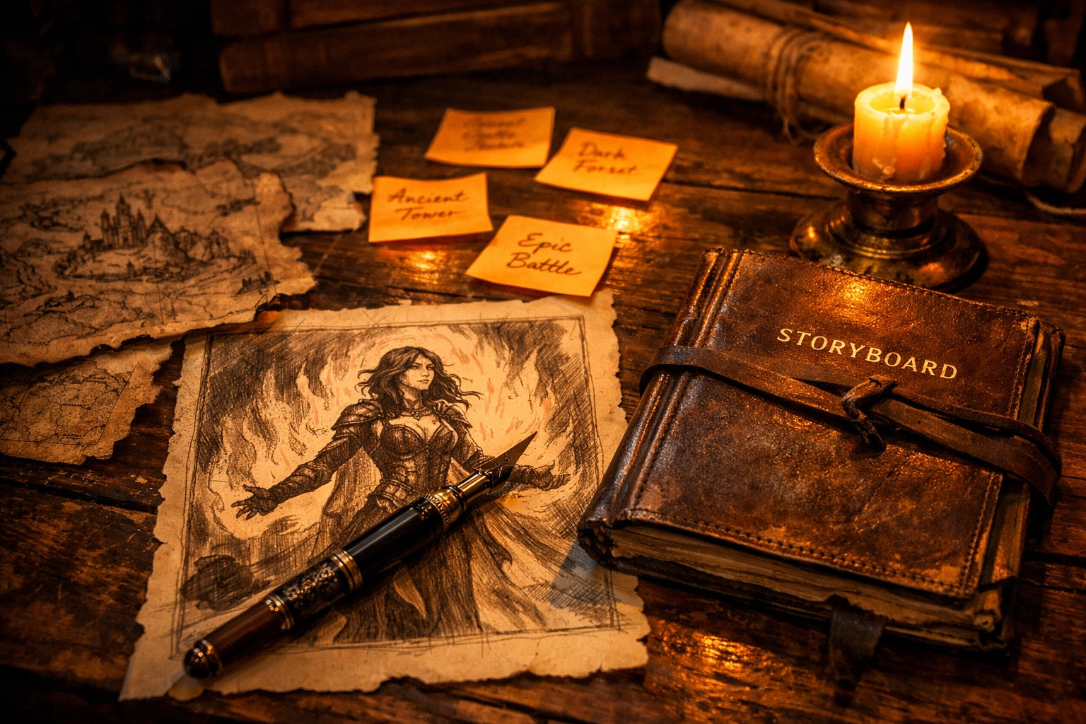 Writer's desk with fantasy maps and a journal, symbolizing the journey of healing self-abandonment and life storyboarding.