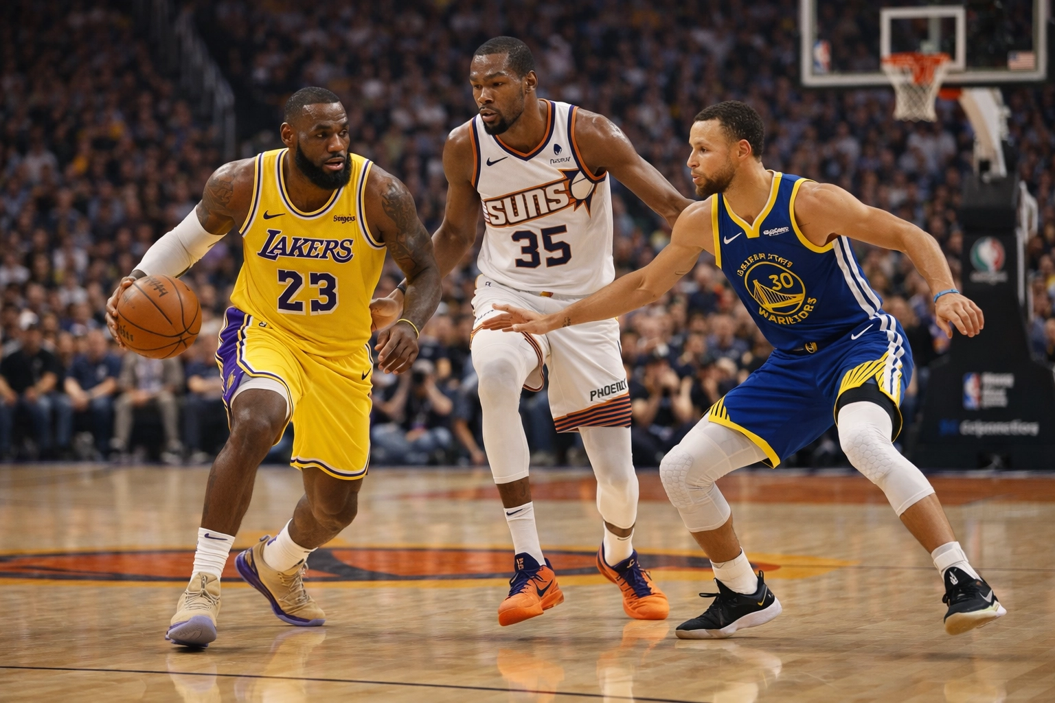 LeBron James, Kevin Durant, and Stephen Curry on court representing the passing NBA torch