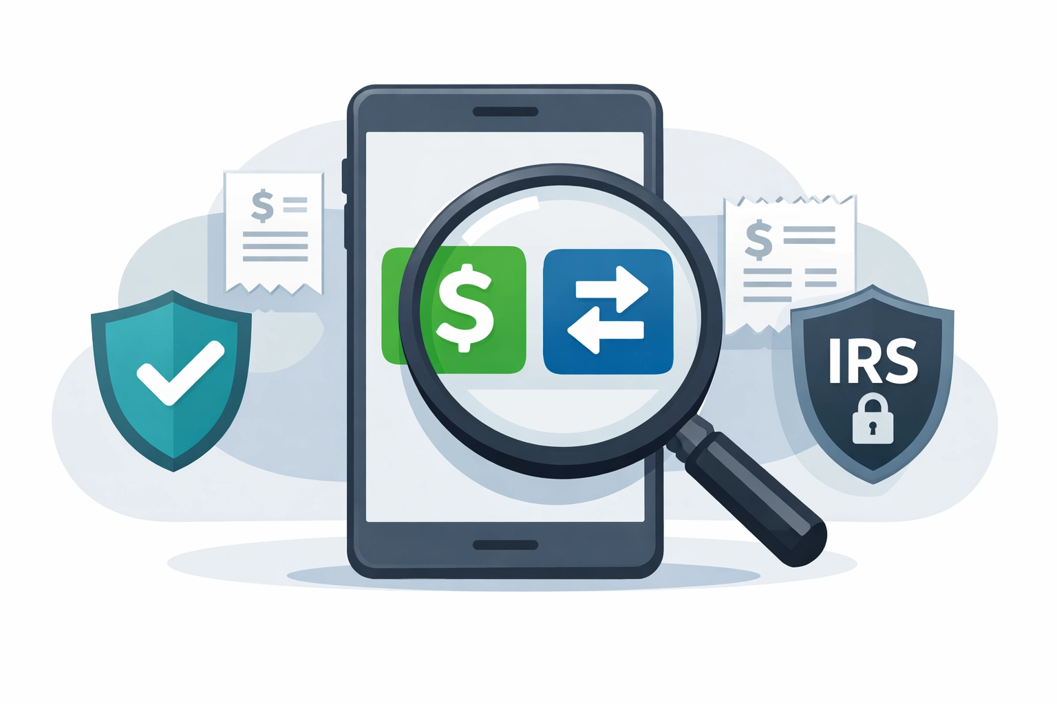 Magnifying glass over digital payment apps to maximize tax refund and ensure IRS compliance.